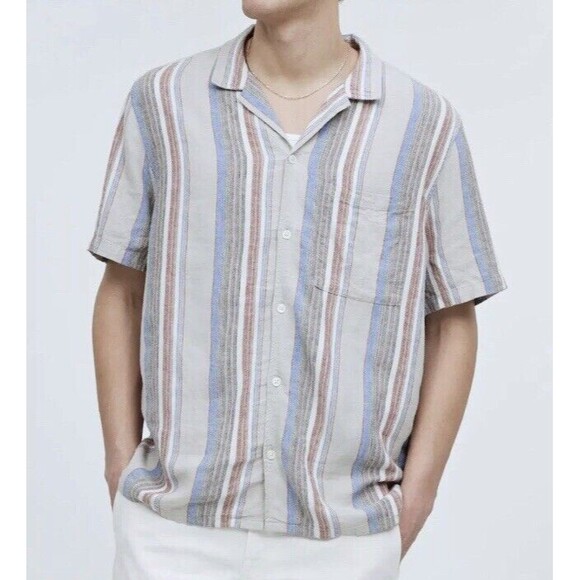 Madewell Shirt Men’s Small Beige Easy Short-Sleeve Stripe Linen Faded Wicker New - Picture 15 of 15